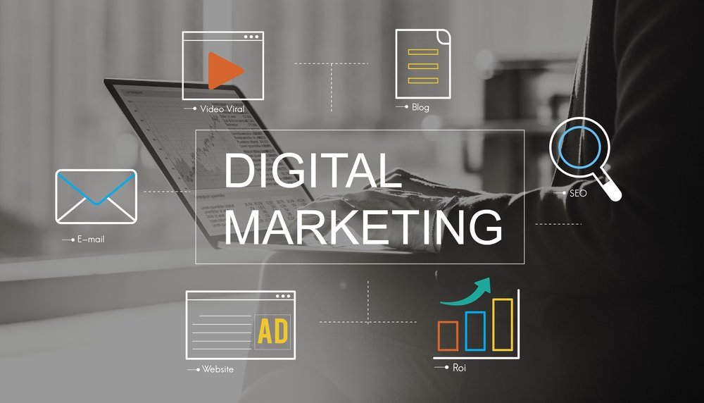 Digital Marketing icons on a black and white background