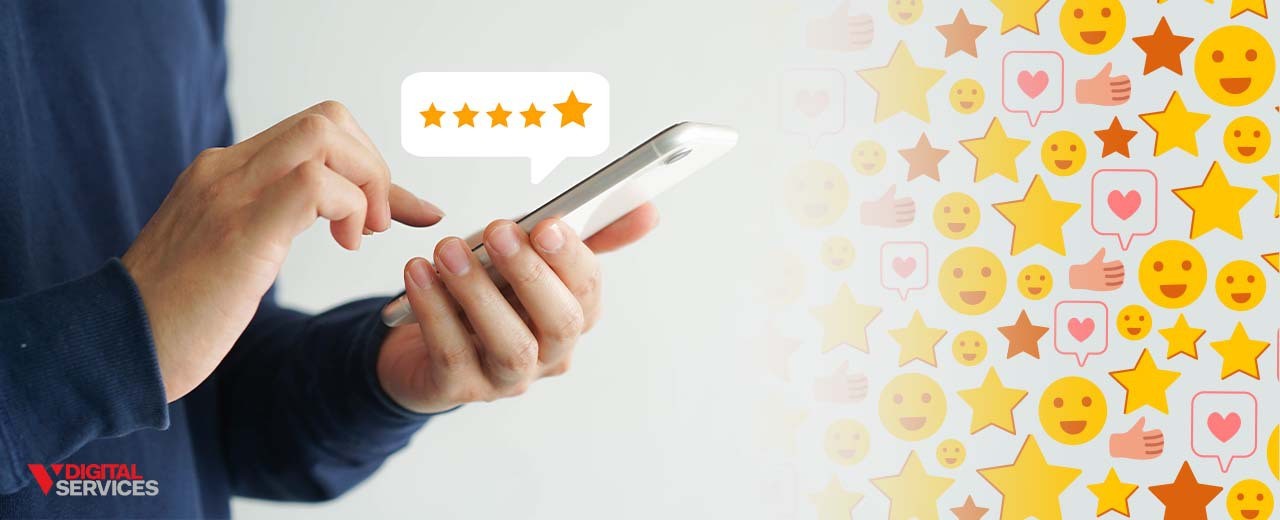 close up on customer man hand pressing on smartphone screen with gold five star rating feedback icon