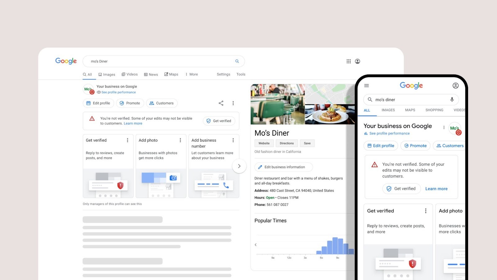 Mobile and Desktop look of a business in google